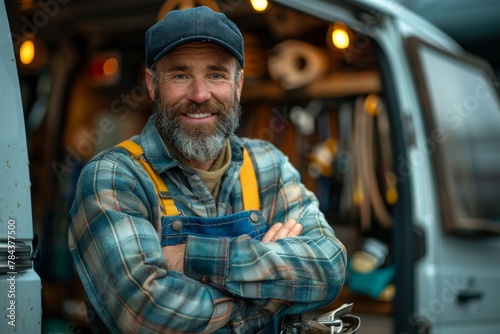 A bearded man with a cap smiles warmly, standing in his workshop, exhibiting confidence and experience