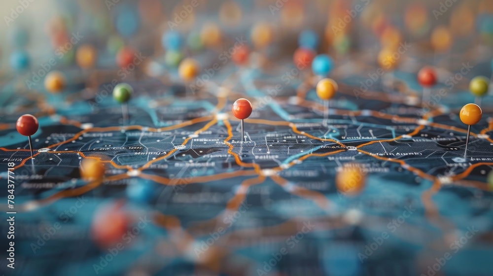 Customer Mapping: A 3D vector illustration of a digital map with pins