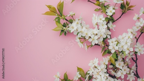 image of a white cherry tree in bloom in the spring against a pink backdrop. aerial view, level lay, and copy area. background of spring and summer. #784377761