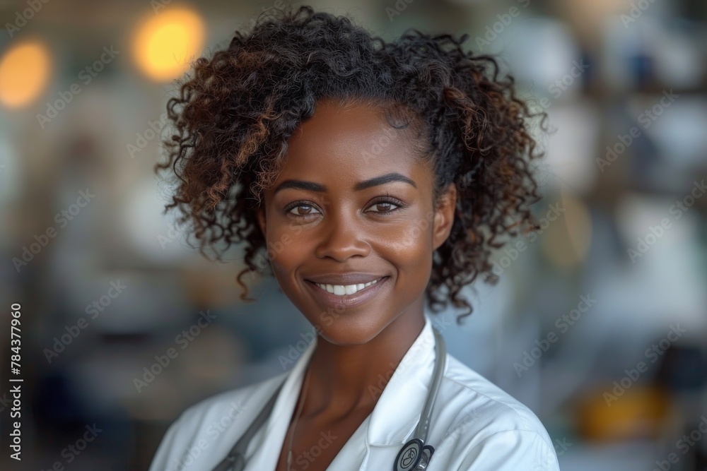 A confident looking healthcare professional in a white coat smiles warmly in an indoor setting