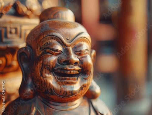 A wooden statue of a smiling Buddha with a smiling face. The statue is sitting on a table