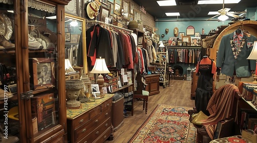 Art deco thrift shop, featuring 1920s and 1930s decor items and fashion, elegant and nostalgic atmosphere, --ar 16:9 photo