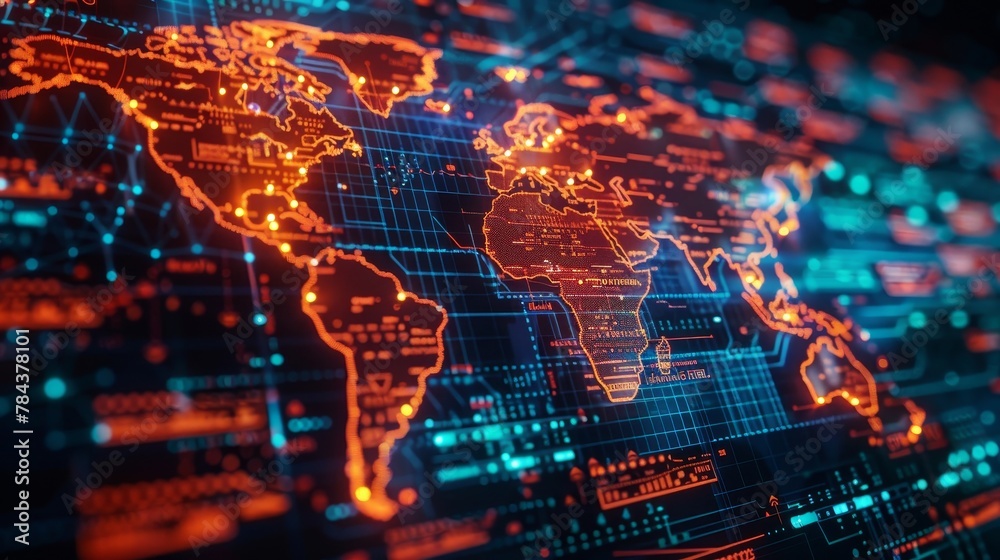 Fototapeta premium Digital World Map: A 3D vector illustration of a digital world map with a zoom effect