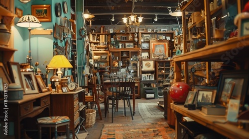 Artistic thrift shop with handmade crafts and vintage furniture, gallery-style display, --ar 16:9 photo