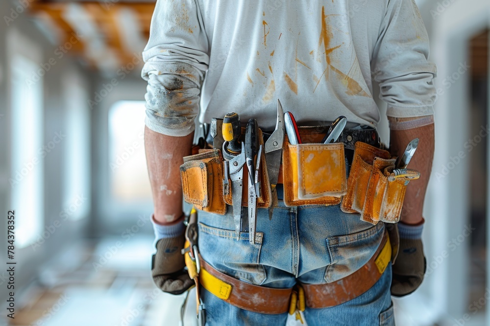 An image of a builder standing confidently with a fully equipped tool belt at a construction site demonstrating preparedness An image of a builder standing confidently with a fully equipped tool belt at a construction site demonstrating preparedness