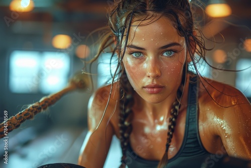 Portrait of a young woman with sweat on her face, looking exhausted after a tough workout, showcasing strength and determination