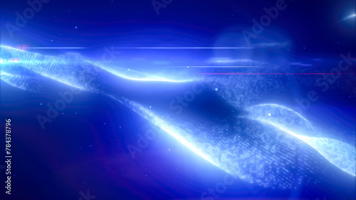 Blue energy glowing magic waves high-tech digital iridescent liquid plasma with light rays lines and energy particles. Abstract background © Bolbik