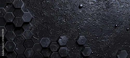 Black hexagon honeycomb shapes matte surface moving up down randomly. Abstract modern design background concept. 3D illustration rendering graphic design