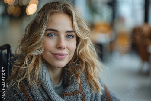 Young woman in a woven scarf giving a heartfelt smile in a public space