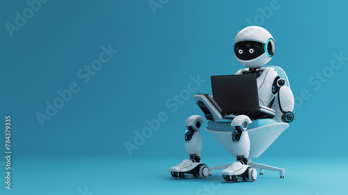Artificial intelligence robots using laptop computers with blue background chatbot technology and AI replace human jobs concept.