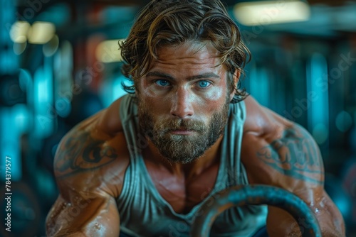 Wallpaper Mural Intense close-up of a tattooed, muscular man working out, highlighting determination and strength Torontodigital.ca