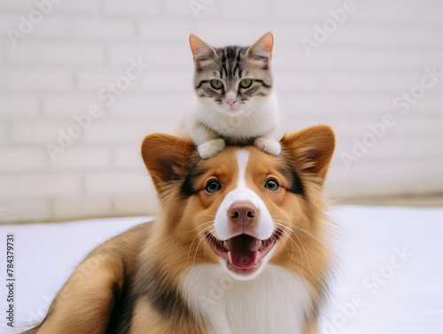 Portrait of a cute cat on the adorable pet dog. Concept of national pet day. photo