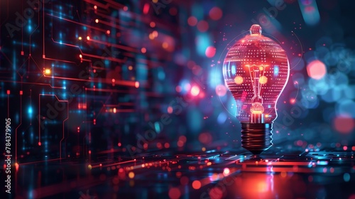 Technology and Innovation: A 3D vector illustration of a lightbulb emitting digital information
