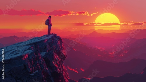 Travel and Exploration: A 3D vector illustration of a traveler standing on a cliff