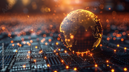 The digital world globe centered on the USA, the concept of global network and connectivity on Earth, data transfer and cyber technology, information exchange, and international telecommunication. photo