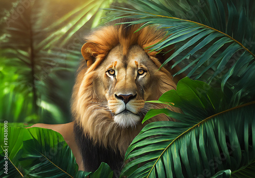 Lion in tropical leaves portrait  elegant tropical animal  wild king of the rainforest jungle animal portrait