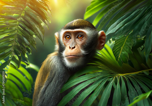 Macaque mokey in tropical leaves portrait, elegant tropical animal, wild rainforest animal portrait photo