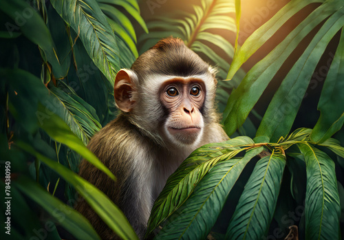 Macaque mokey in tropical leaves portrait, elegant tropical animal, wild rainforest animal portrait photo