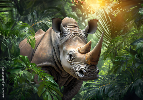 Rhinoceros in tropical leaves portrait, elegant tropical rhino, wild rainforest animal portrait