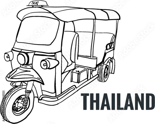 Thailand TUKTUK car, traditional Thai vehicle in black and white hand drawn style