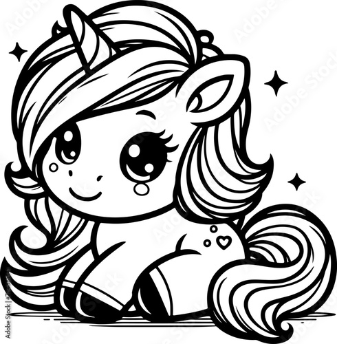 Cute little unicorn black outline children coloring book.