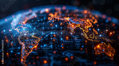 The digital world globe centered on the USA, the concept of global network and connectivity on Earth, data transfer and cyber technology, information exchange, and international telecommunication. photo