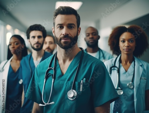 Group of doctors in a hospital hallway, suitable for medical concepts