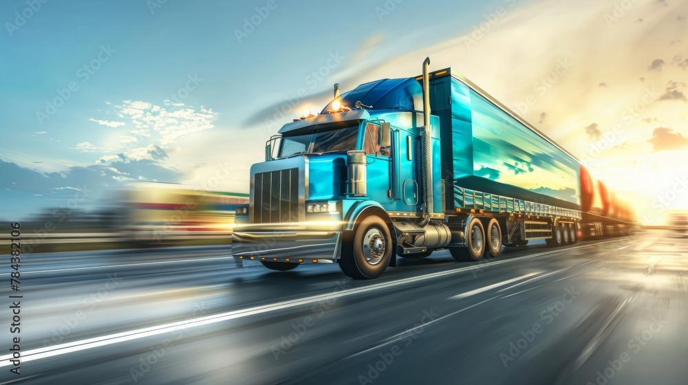 The truck runs on the highway with speed. 3d rendering and illustration.