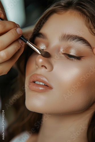 Woman having makeup applied with a brush, suitable for beauty and fashion industry