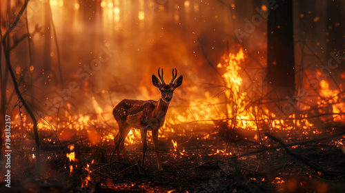 A small frightened fawn stands against the background of a forest fire.