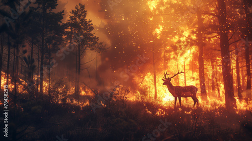 A young deer stands in the midst of a forest fire. Silhouettes of tree trunks on fire.