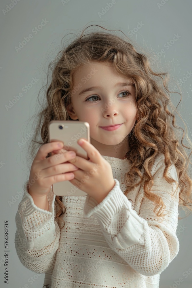 A little girl holding a cell phone. Suitable for technology concepts A little girl holding a cell phone. Suitable for technology concepts