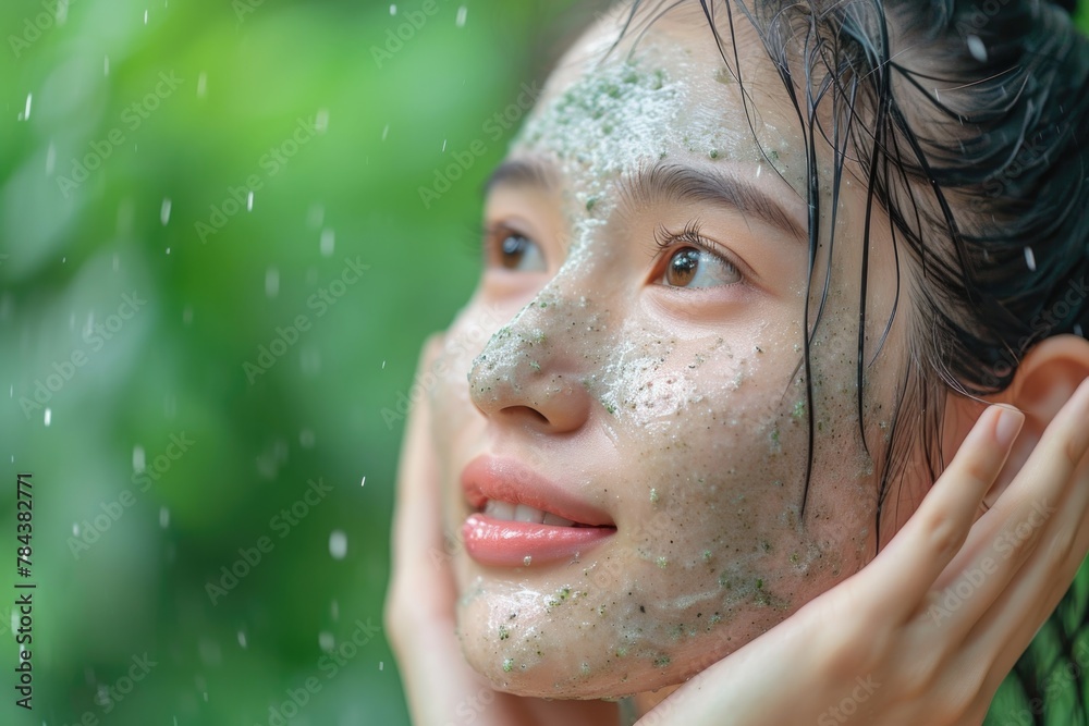 A woman with mud on her face standing in the rain A woman with mud on her face standing in the rain