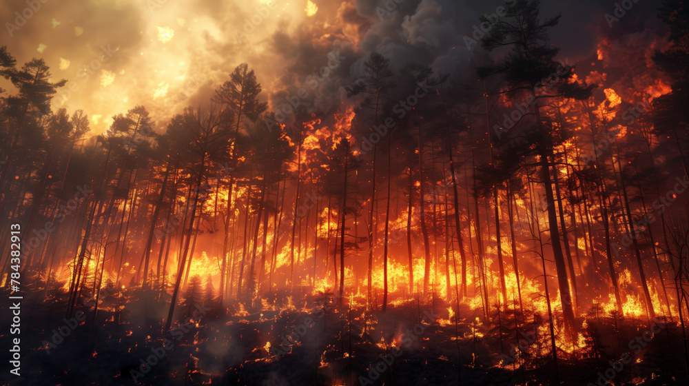 A forest fire is raging through a wooded area. The sky is filled with smoke and the trees are on fire.
