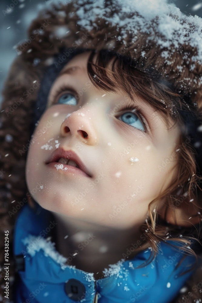A young girl dressed in a blue jacket and brown hat. Perfect for outdoor and winter-themed projects A young girl dressed in a blue jacket and brown hat. Perfect for outdoor and winter-themed projects