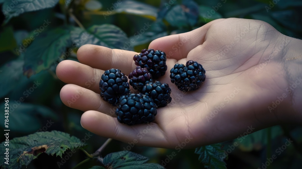 A person holding a bunch of fresh blackberries. Great for food and healthy eating concepts