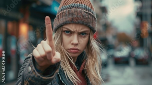 A woman wearing a beanie pointing at the camera. Suitable for various concepts and projects