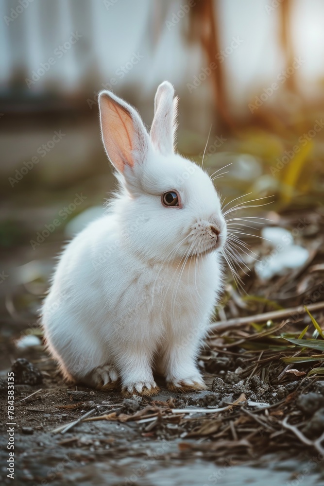 A white rabbit sitting calmly on the ground. Suitable for various creative projects A white rabbit sitting calmly on the ground. Suitable for various creative projects