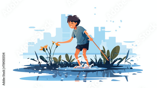 Boy splashes in water with stick .. 2d flat cartoon