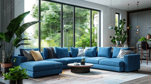 Modern living room with blue modular sofa Stylish decoration © Suparak