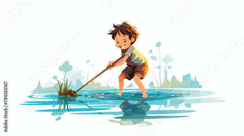Boy splashes in water with stick .. 2d flat cartoon