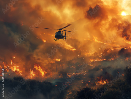 A helicopter flies over a forest fire. The fire is very large and the sky is orange. A helicopter flies over a forest fire. The fire is very large and the sky is orange.