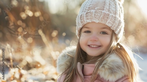 A cute little girl in a pink coat and white hat. Suitable for children's fashion advertising