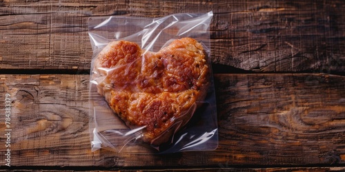 A heart shaped piece of food wrapped in plastic, suitable for food and health concept designs photo