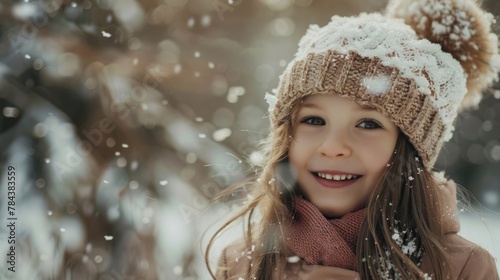 A little girl dressed in warm winter clothes standing in the snow. Suitable for winter-themed designs