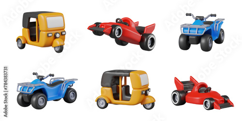 Set of 3D cars of various types. Autorickshaw, racing bolide, quad bike in different positions