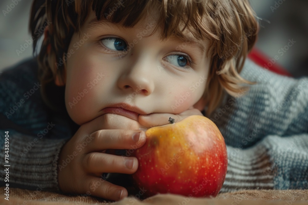 A young boy holding a fresh apple, perfect for healthy eating concepts A young boy holding a fresh apple, perfect for healthy eating concepts