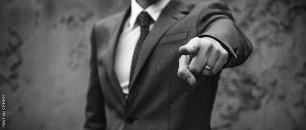 A man in a suit pointing directly at the camera. Suitable for business concepts