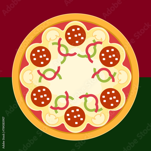 Pepperoni pizza, top view flat vector illustration