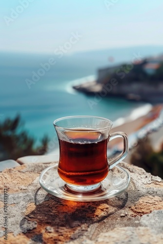 A cup of tea sitting on top of a rock. Suitable for nature and relaxation concepts